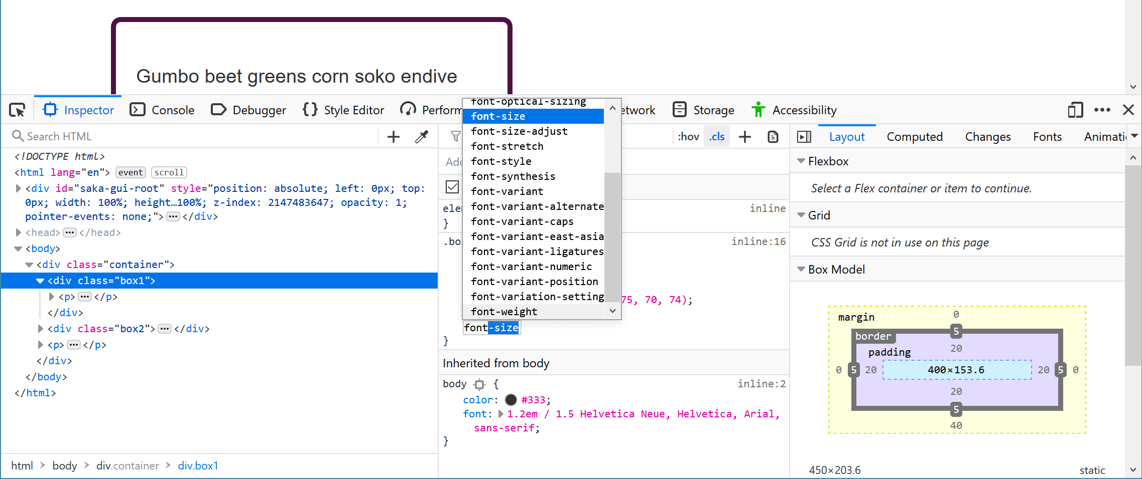 Das DevTools-Panel, Hinzufügen einer neuen Eigenschaft in die Regeln, mit der Autovervollständigung für font-